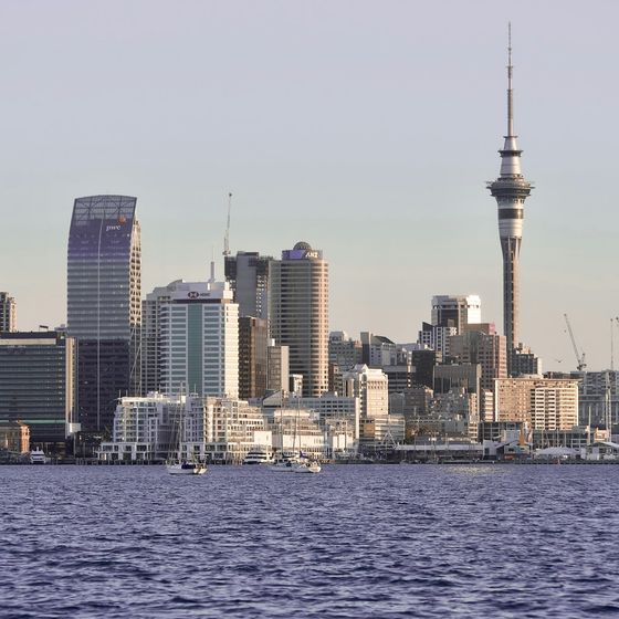 The Auckland skyline and Sky Tower seen across the harbour on a clear day