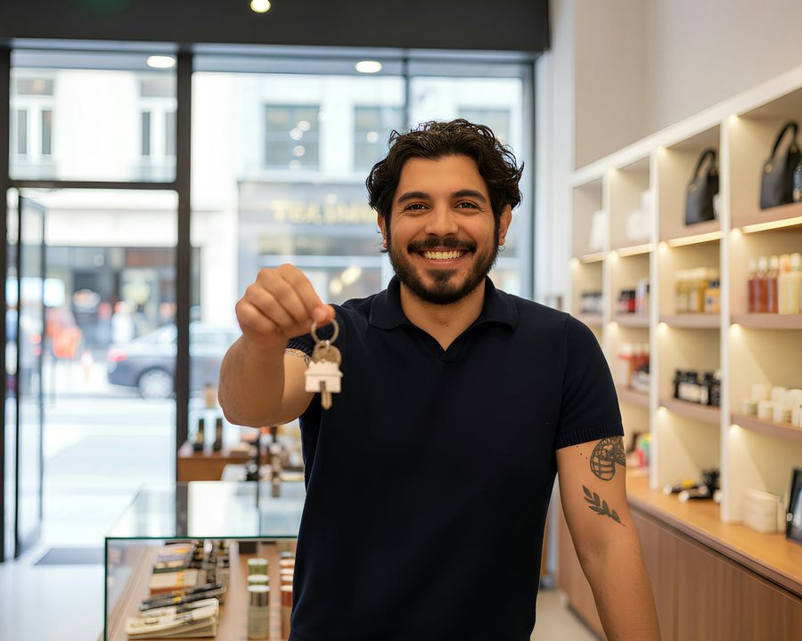 A retail shop owner holding a set of keys inside his store