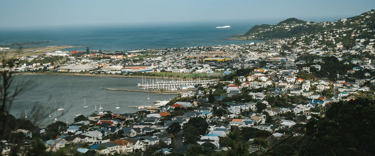 Aerial view over Wellington's waterfront, marina and harbour from the Mt Victoria lookout